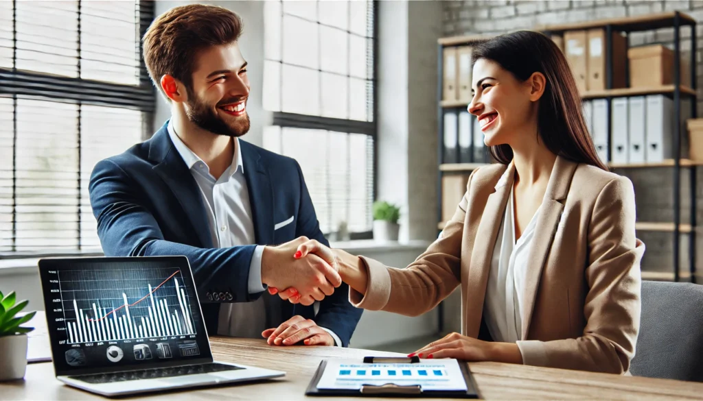 DALL·E 2024 11 11 16.56.22 A man shaking hands with a woman in a professional office setting symbolizing the successful conversion of a prospect into a satisfied customer. The