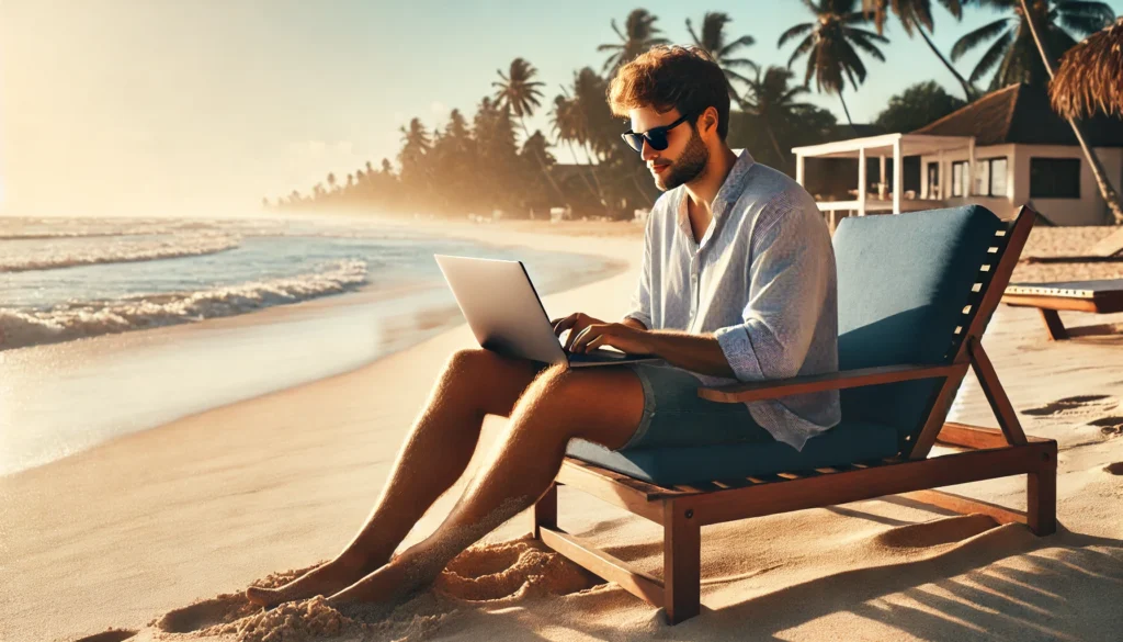 DALL·E 2024 11 06 14.29.11 A man sitting on a beach chair at the shore working on his laptop. He is relaxed surrounded by sand and the ocean waves in the background. The sun i