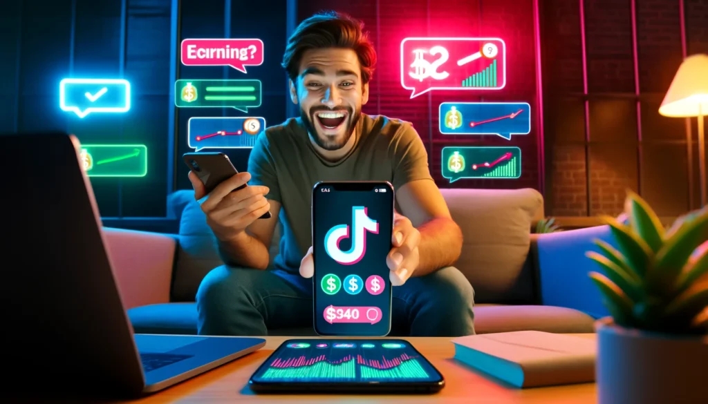 DALL·E 2024 11 11 01.20.17 A man receiving multiple notifications about earning money from TikTok on his smartphone. He is sitting on a modern couch smiling with excitement and